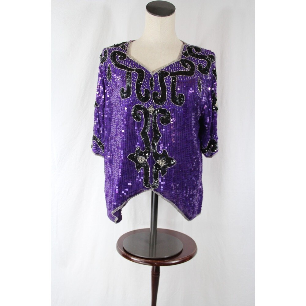 Vintage 100% Silk Beaded Top Women’s Size 1X Royal Feelings Audrey Jones Sequins